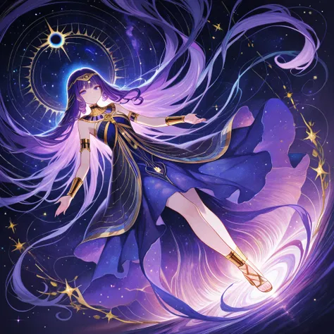 An abstract painting depicting the Egyptian goddess Nuit. She is represented as a cosmic figure arching over the universe, her body adorned with shimmering stars and nebulae. Her dark, ethereal form stretches across a deep blue and purple celestial backgro...