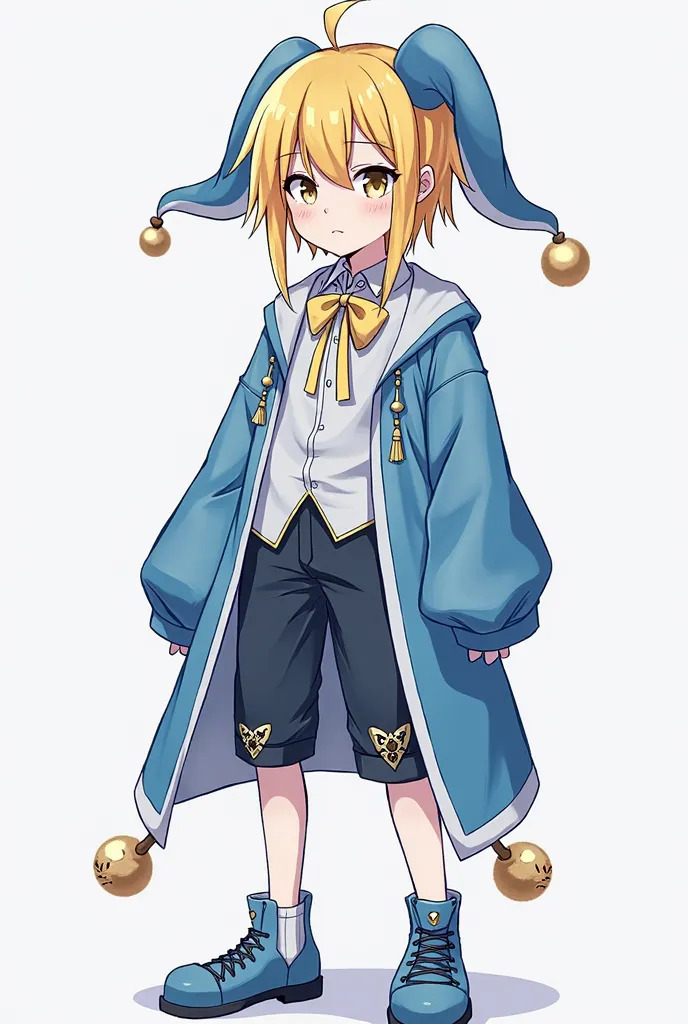 in full back and front, he is a feminine boy (femboy) avec un style jesters ouji, This color palette is blue white {x} he had short hair and two longer locks in the front. His eyes are gold, yellow and he has blond hair. I should have one with a white back...