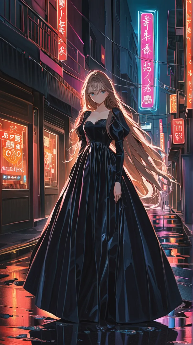 A breathtakingly beautiful woman with sorrowful eyes stands alone on a dimly lit city street at night. Neon lights reflect on the wet pavement, creating a melancholic yet stunning atmosphere. She wears an elegant black dress, her long hair flowing gently i...