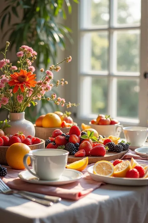 A beautiful breakfast table with lots of fruit and flowers 