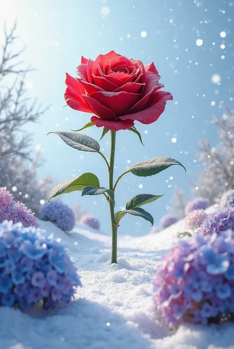 Red Rose on a snowy hill. The hill is surrounded by hydrangeas