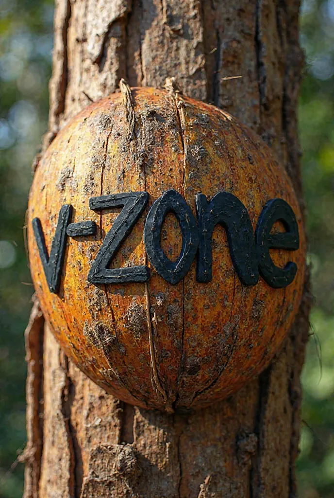 Artistic font drawing of the word 'V-ZONE' Printed on coconut trunk