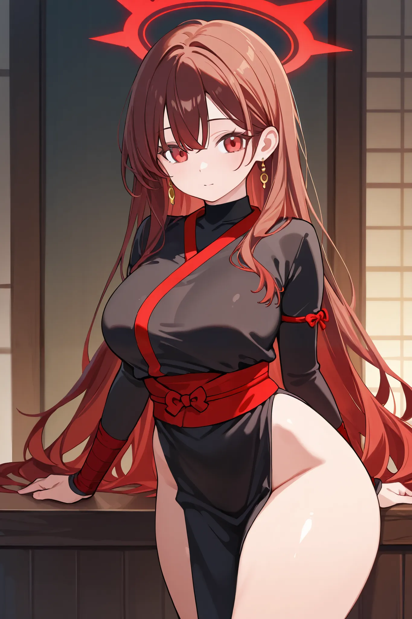 1 girl, Hair length reaches the back, Brown hair and red hair on the edges of the hair, red eyes, but not bright, curvy body, wear a sexy kunoichi outfit, หน้าอกไซส์ปานกลาง, have a gold earring, have a red halo