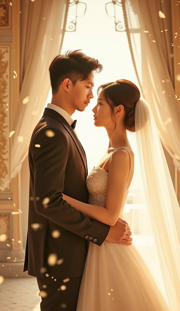 double exposure, cover photo of the film entitled "Friday Blessings". The cover shows a handsome Korean man trendy short hair, wearing wedding,a beautifull girl hug, wearing wedding dress,standing smiling slightly facing the camera. The background is a bea...