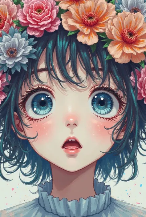 Blooming girl blue art painture style bizarre anime action, gros yeux close to eyes flower. Visage blanc crayon blue pink, colorful