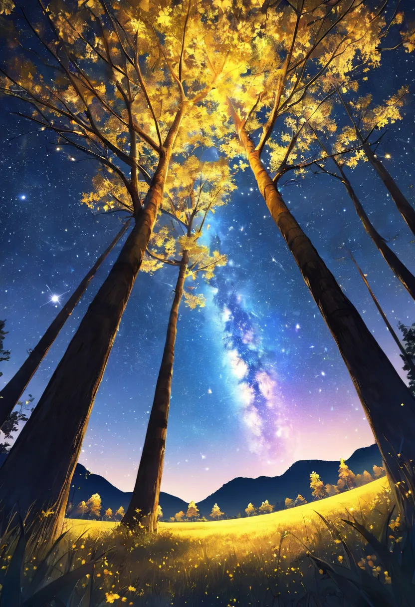 yellow twinkling starry sky and trees々Scenery of