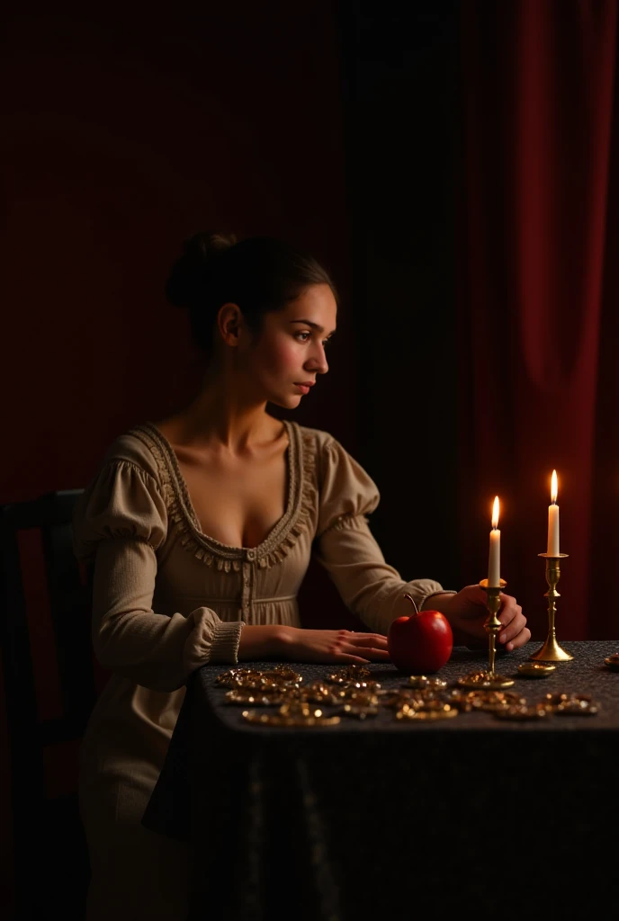 
I want you to lie to this girl in a gloomy dark environment illuminated by candles, a poor room from the Renaissance period behind her, that there is a wine-red curtain and that she appears between shade and candlelight like a model of a Caravaggio painti...