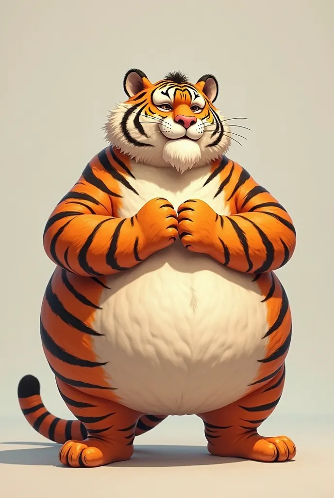 Funny fat tiger, snagged, with hands on chest, standing 2 feet, chubby, tiny