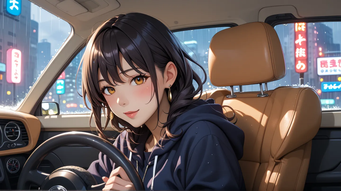 a woman in a standard car ,  が特徴inす .  she's wearing black clothes ,  はエレガントin反射的に見えます ,  with her hands on the steering wheel .  The background is a rainy city in the afternoon ,  It's raining in the window、There are blurry city lights on the outside.  Th...