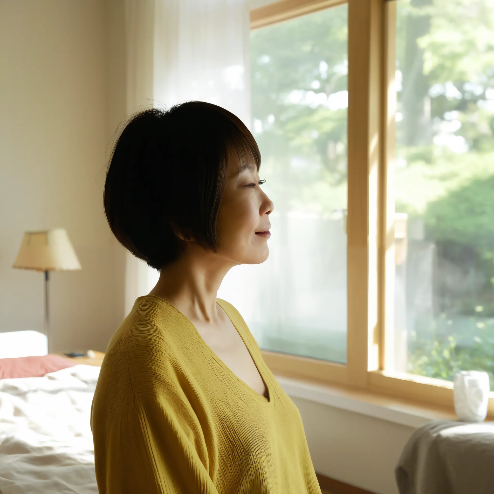 40-year-old Japanese woman、very short hair、A bright bedroom at home