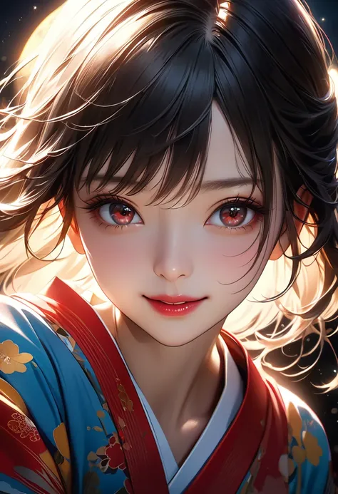 Large満月の光の下で愛を告白する、 beautiful girl in a bright kimono , My face turned red from nervousness and embarrassment, Large,   seductive eyes , Dramatic Shadows and backlighting, (Highest quality,4K,8k,Hi-Res,masterpiece:1.2),超Hi-Res,(realistic,photorealistic,pho...