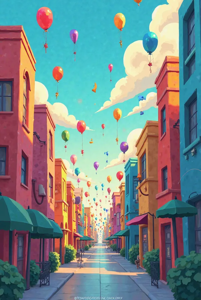 cartoon illustration of a colorful city with numbers and balloons, game illustration, stylized game art, game background, mobile game art, background artwork, game art, colorful illustration, concept illustration, mobile game background, background art, 2d...