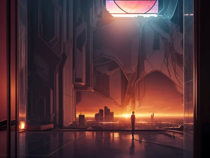 Shot of futuristic semi translucent interior.stained glass floor and walls, small translucent cells of organic shape, the room is  high above the ground, through the translucent walls we can see a pink-orange sunset over a futuristic city, a highway of air...