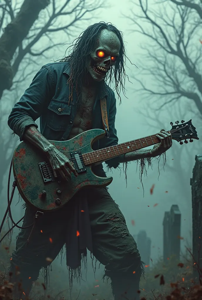 rock guitarist zombie rips guitar strings in graveyard 