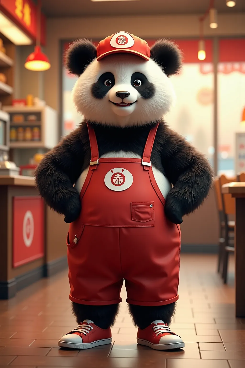 photorealistic full body portrait of Dressed animals - a ((fat)) (baby panda) fast food worker,(art by Giuseppe Arcimboldo),(happy smile:1.5),(furry), high quality,(lovely) hands on hips,, (Wearing fast food shop uniform) , (wearing apron and shirt with lo...