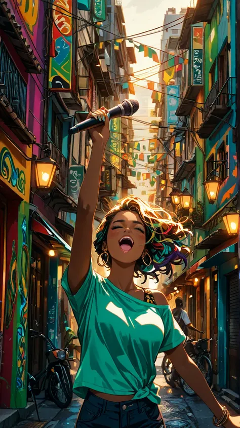 A vibrant reggae music scene in a stylish South American-inspired cityscape. A group of Jamaican musicians energetically play djembe and other traditional instruments, moving in sync with the reggae rhythm. In the center, a stunning female singer holds a s...