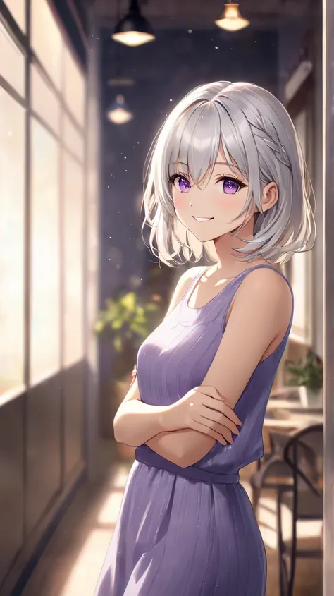 1 girl, solo, Hi-Res, smiles, shortcut from elbow to hand, high quality,  Silver Hair, Aperture F1.2,  Slim,chest,purple eyes, casual outfit,bar