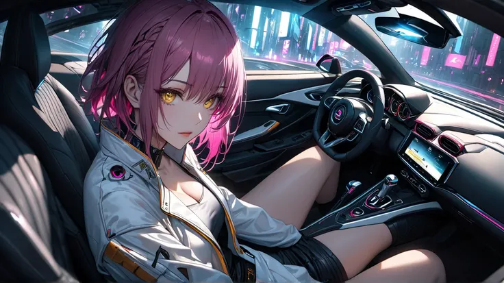 super realism、Hyperrealistic One Girl.cyberpunk、 driving behind the wheel
(Woman in the Driver's Seat of a Roofless Sports Car、 driving behind the wheel)
(Dark Pink Medium Hair.yellow eyes.)
(White Leather Studio Tech Jacket、 cyberpunk design 、 No.、 Wear a...