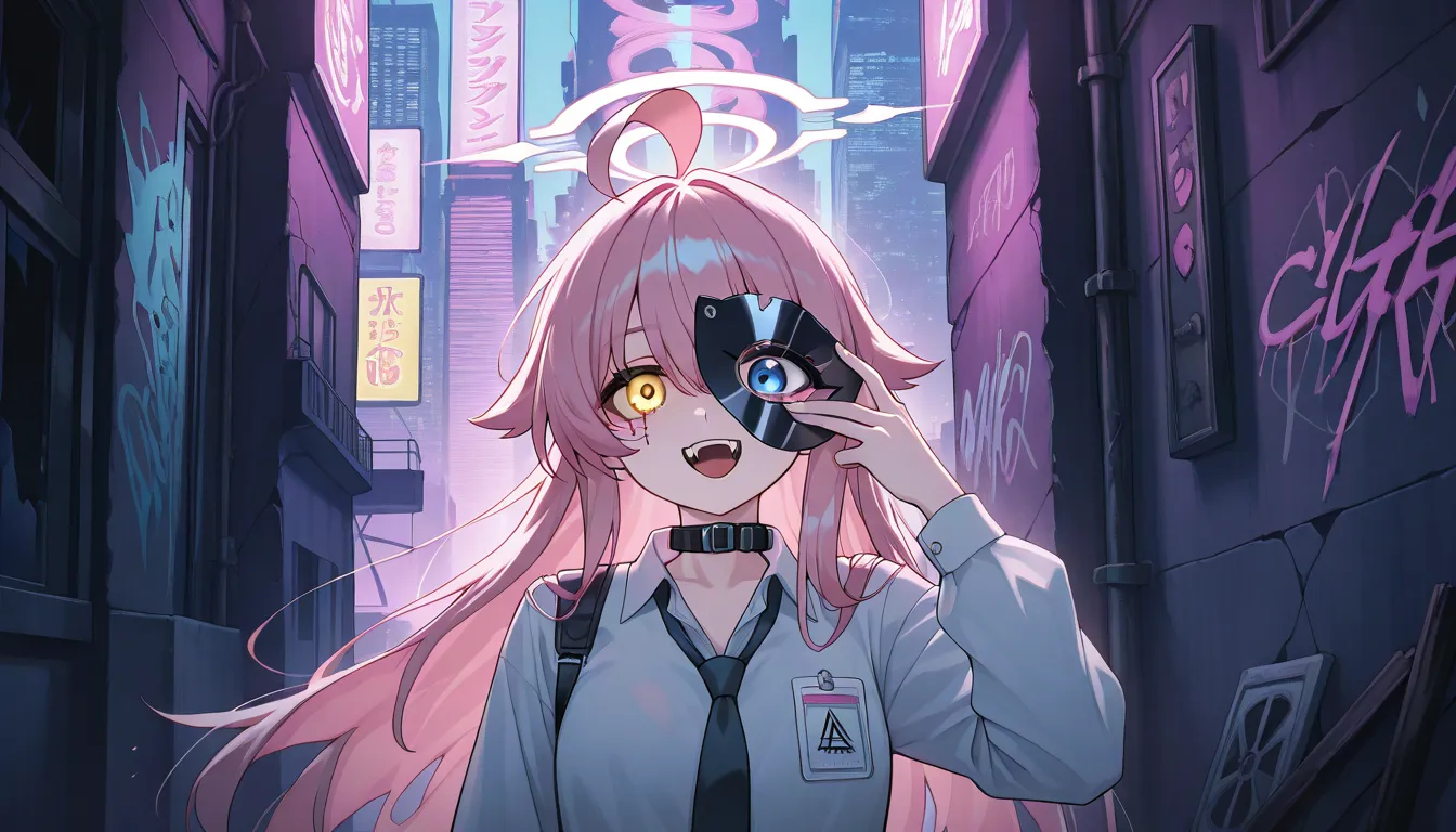 걸작,top quality,very beautiful,very high resolution,1 female,Hoshino_\( _ storage \), pink_ hair ,alone, Dichroism , _shirt,long_ hair , _eye, fangs, _tie,Ahogeo,yellow_eye,collar_shirt, hair _ between _eye, pink_halo,shoulder_Looking for a strap ,heterochr...