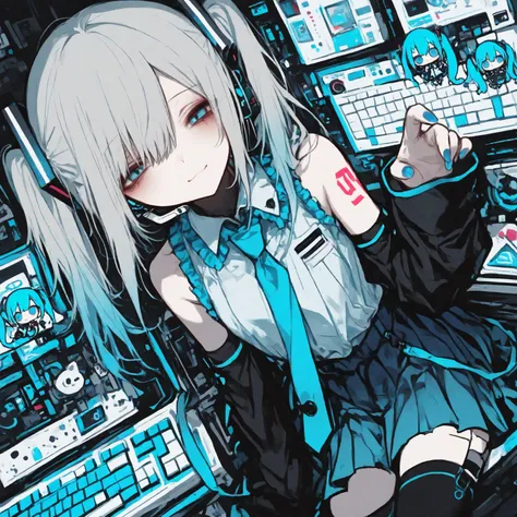 General,Komeshiro Kasu style, r17329_illu,usnr,hzk, general, 1girl,solo,large aqua blue eyes and long aqua blue twin tails featuring gradient and glossy texture, showing a soft and cheerful expression, wearing a futuristic gray and aqua blue outfit, includ...