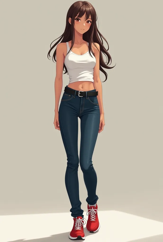 Anime adult girl, full body view, slim figure, wearing sleeveless basic white tank top, long dark blue jean pants with black belt around the waist and red running shoes. long brown hair, tan skin. shopping for a jacket