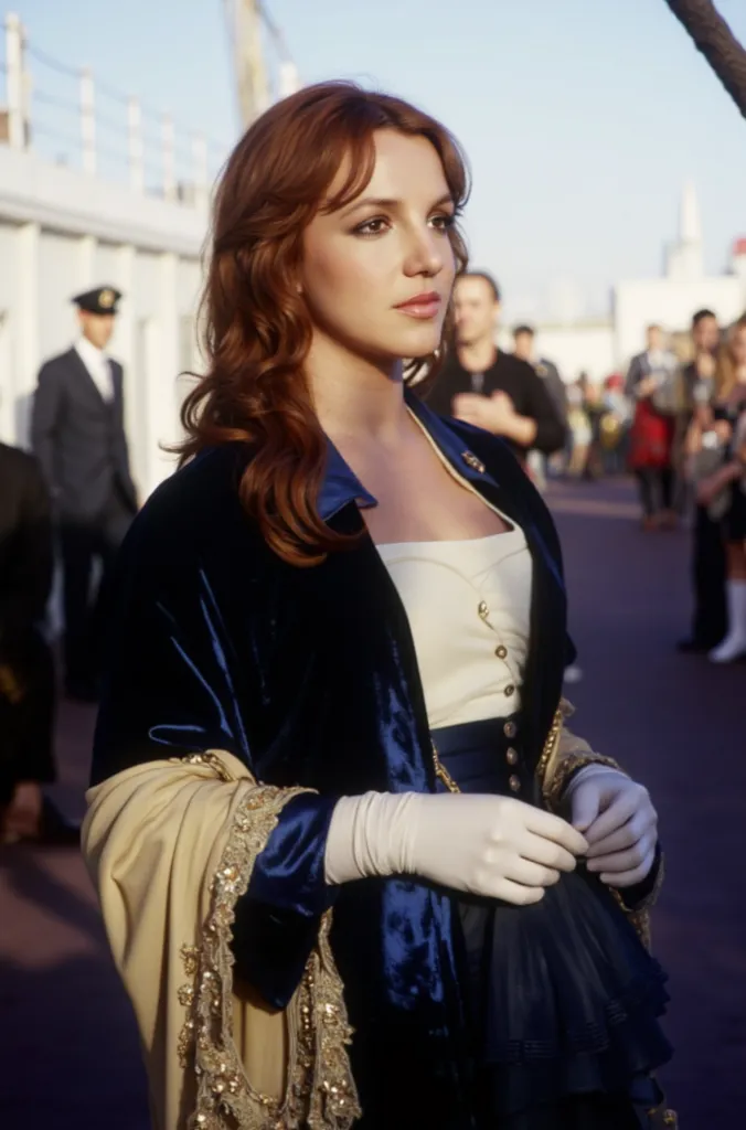 A captivating portrait of britney spears, reminiscent of a vintage Hollywood film still, featuring a rich, deep crimson, and auburn-reddish wavy hairstyle,  a luxurious,  deep-navy blue velvet-like long jacket over a cream-colored embroidered shawl,  and l...