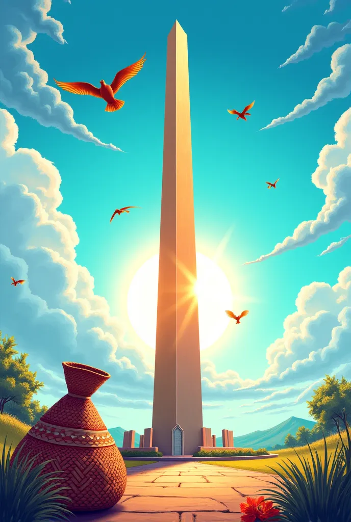 An image that includes the Obelisk of the Municipality of Uribia, the bright sun , The Guajiro bird, A Kasha Wayuu