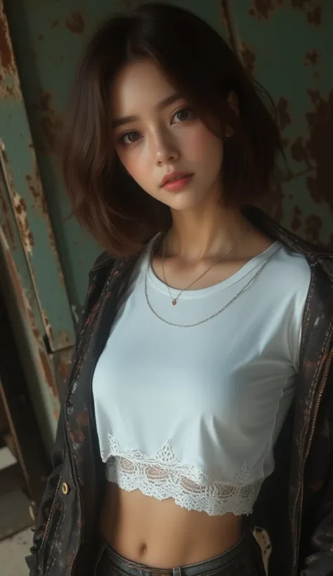  Her makeup is subtle and natural ,  hairstyle of Bob .  dark brown hair , looking directly at the camera with a serious expression.  The bottom of the white short t-shirt has subtle . She wears short sleeves ,  The jacket is draped over the shoulders ,  B...