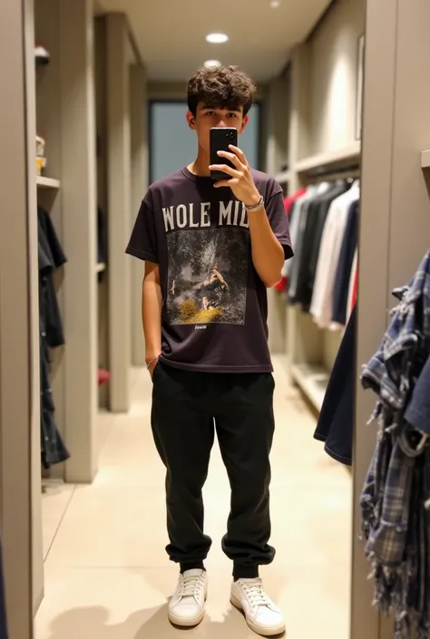 A full-body mirror selfie of a slim age boy with medium skin tone, wearing a stylish short-sleeve graphic shirt, loose-fitting black pants, and white sneakers. His face is intentionally blurred or obscured for anonymity. The boy holds his phone up to his f...