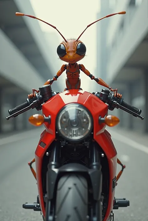 Ant wearing clothes and helmet on red motorcycle