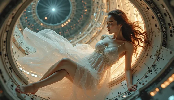 a very beautiful cyborg woman in space floats inside the ship,  image,  sleepwear , High quality