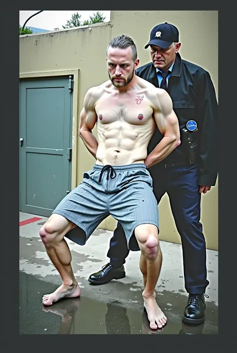  The image shows a man being arrested by two police officers.   The man is shirtless . ,  revealing a defined muscular torso  ,  partially loaded the  , Her skin is fair,  and you have hair on your chest and abdomen .   Several tattoos adorn her chest and ...