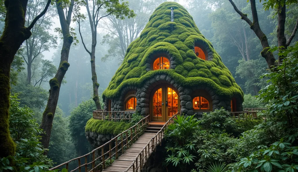 Vibrant and attractive image of a magical, cone-shaped eco-lodge deep in a lush Chilean rainforest. The structure is covered in rich green moss and vegetation, blending seamlessly with nature. A cascading waterfall flows from the top of the lodge, tricklin...