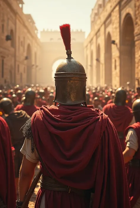 “A first-person perspective image (throw), as if I were a Roman soldier stationed in Jerusalem at the time of Jesus, looking directly at a bustling crowd under the command of an officer pointing to the Temple. sweat in the air. hyper-realistic details,  ci...