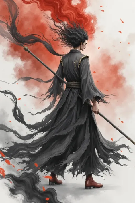 high quality, super realistic,4K,8k,Masterpiece,Extreme Details,Realism,Professional Photography,Chinese martial arts,Chinese Ink Painting,huge flowing long flowing hair, Handsome Male ,Broken robes,Dynamic action ,Mysterious Smoke,Red hue, with a spear 