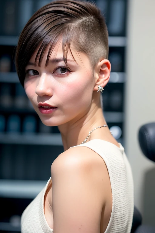 a woman "Yukirinu/ ゆきりぬ", barbershop background, siting on barberchair, in a military environment, A meticulously Classic standart Military regulation requirements Military Very extreme Men's inspired short high skin fade haircut , featuring sharp, clean e...