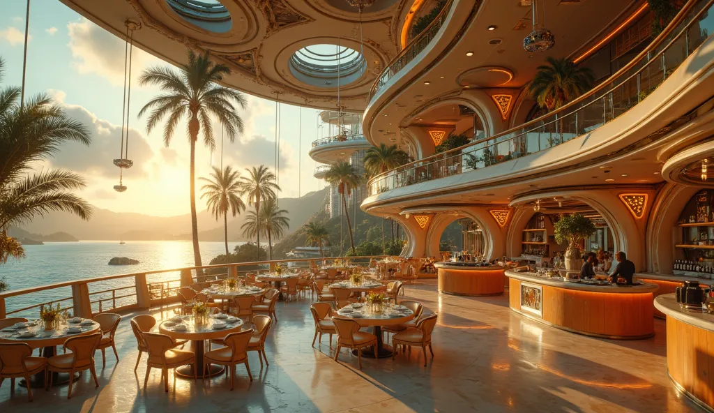 bird's eye view of a ((very large, elegant, futuristic retro style restaurant)) overlooking the magnificent bay of Hawaii with hight mezzanine in pastels colors ambience inspired by Denis Fremont, Denis Fremont masterpiece, in style of Hajime Sorayama, sun...