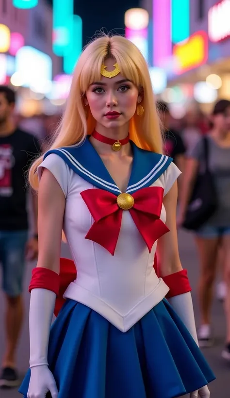 At Comic Con, a pretty young European woman with bright blond hair huddled through the crowd. Her costume was unmistakable: Sailor Moon. The white sailor dress with the blue collar and red bow was faithfully reproduced.The skirt is blue. She has a black pl...