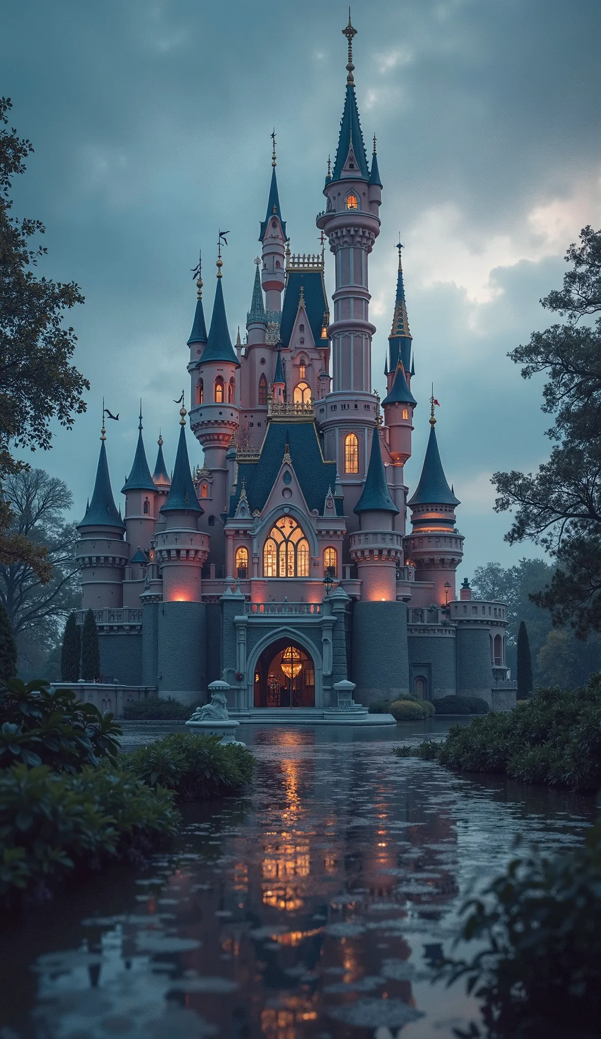 chateau de princesse disney, extremenet détaillé, fond sombre, photo de qualité, texture humide, glaçage, photo de studio, tranche. profondeur de champ réduite, vignette, très détaillé, haut budget, bokeh, cinémascope, atmosphérique, épique, magnifique, gr...