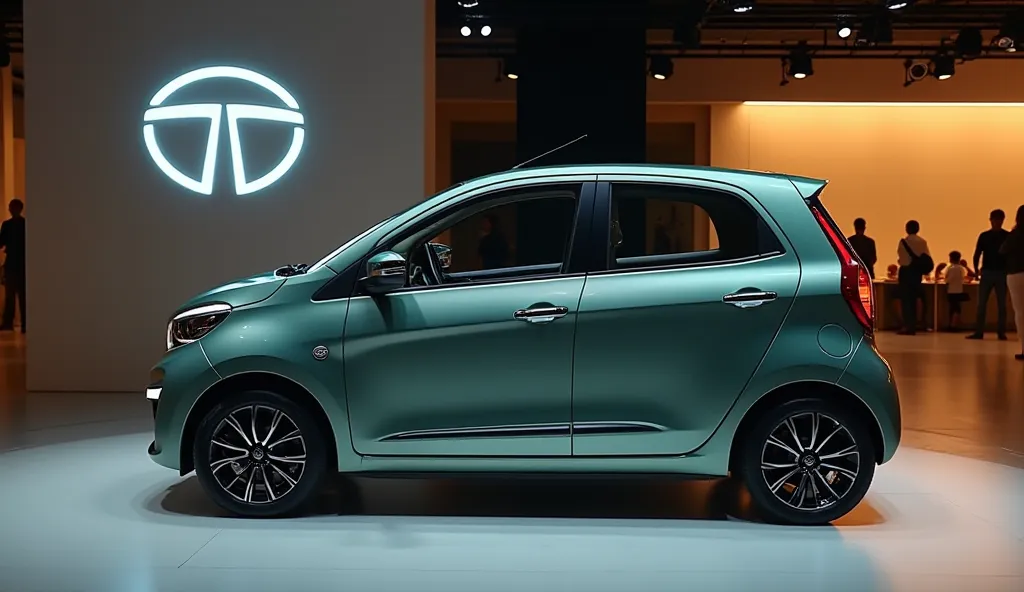  
The image depicts the left side view of 2025 Tata Nano
 (Grey green) colour.well showroom and back ground well logo (Nano) full great size with Good's walls and  highlights 




