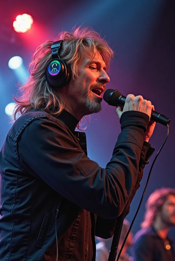 Rock singer with earphones and mic in his hand singing in the background other musicians beards because he looks very similar to a well-known rocker Jon Jovi sitting very close to his face the image