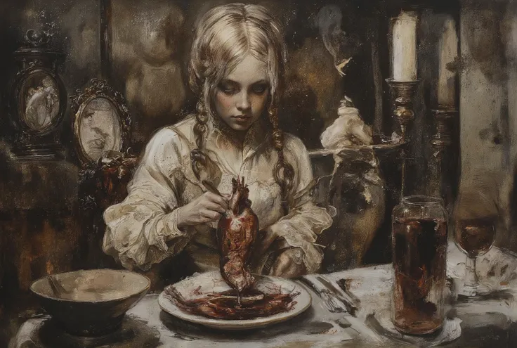 A haunting oil painting depicts a young girl seated behind a dimly lit, ornate dinner table in a posh, yet eerie dining room. Her Victorian-era dress and side braids are juxtaposed with the gruesome plate before her, filled with blood and a human heart. Th...