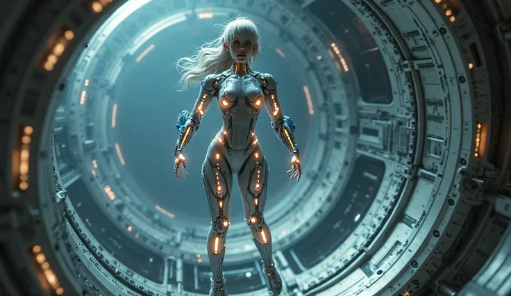 a very beautiful cyborg woman in space floats inside the ship, He wears a fitted futuristic suit with luminous spots,  image,  sleepwear , High quality