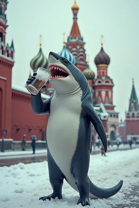 A shark stands in front of the Kremlin and drinks vodka, It is very cold in Moscow at this time