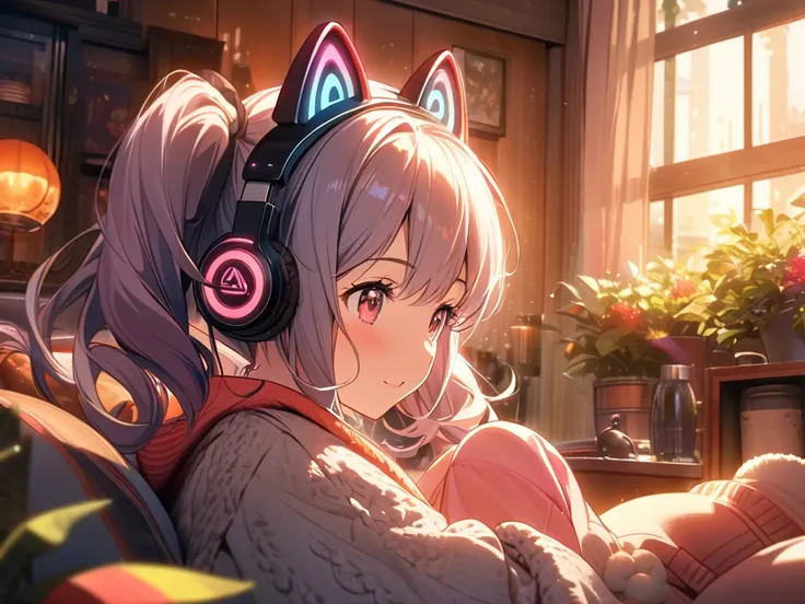 one girl、cute、best image quality、They are wearing cat-ear headphones and listening to music happily,twin tails from above