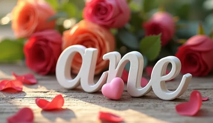 The image conveys a romantic and delicate atmosphere. The word "TE AMO ANA" is prominently displayed in a charming, three-dimensional cursive font made of white material, with an elegant and soft design. This central element evokes affection and love, whic...