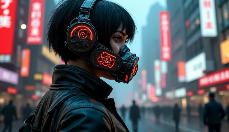 Cyberpunk female figure, mid-20s,  wearing a futuristic, black leather jacket.  Complex,  high-tech respirator mask with red glowing accents, intricate details and metallic finish.  Mask features intricate design elements suggesting a respiratory system or...