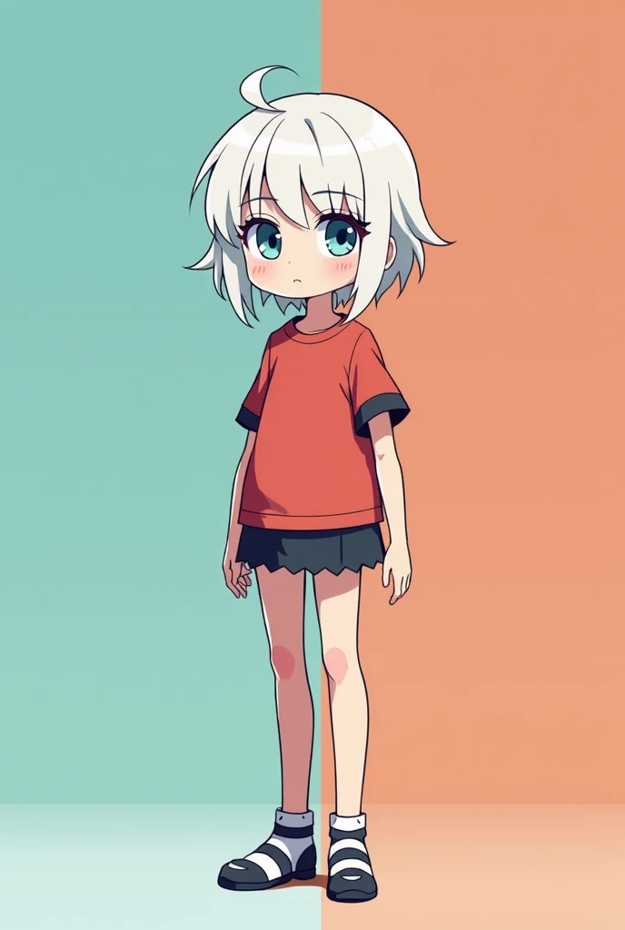 miao, a young petite girl with short white hair and blue eyes in studio trigger's stylized flat colors artstyle