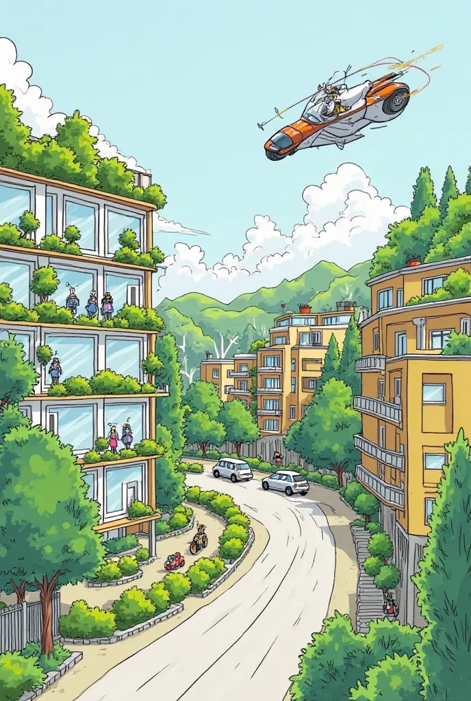  Can you draw Your hand-drawn/digital illustration or collage depicting your ideal future:

Lush green buildings with solar windows and screens

Flying motorcycles zipping through the air.

Automated vehicles on the roads.

Abundant trees and green spaces....