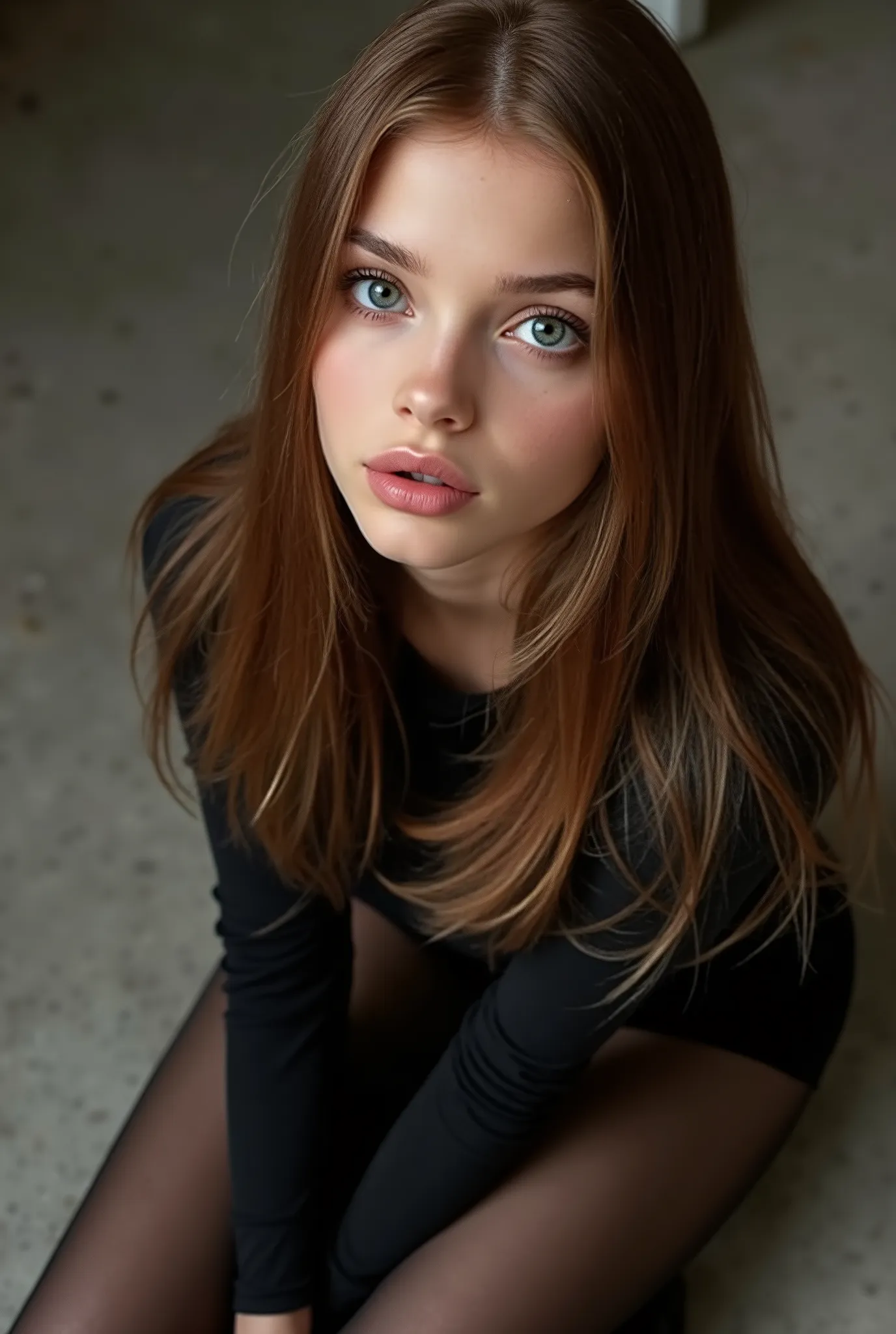 (angle high photo), arafed young women 18yo, sitting on the studio floor with a pair of black boots and tights, looking up to camera, photo of the female, young , with long hair and piercing eyes, 1 , 18 years old, she is about 18 , ((green symmetric eyes)...